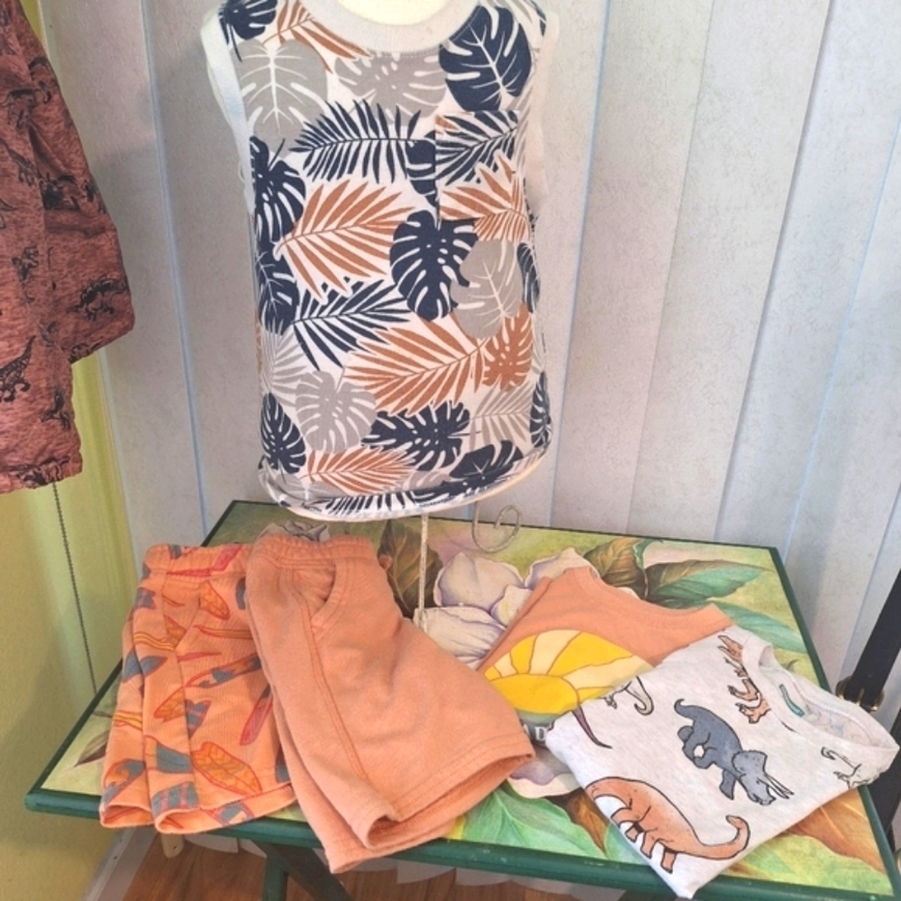 Kids' Summer Outfit Set - Dinosaur, Leaf, and Surfboard Prints